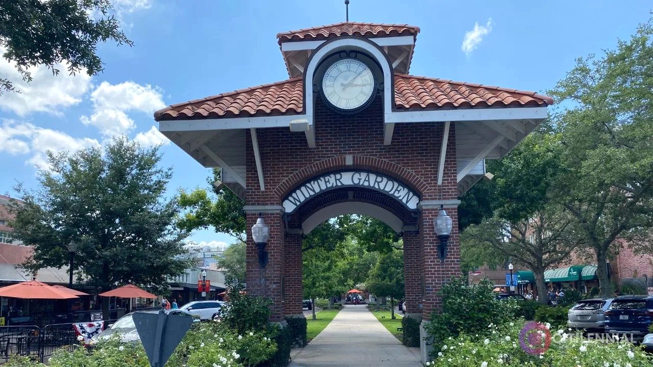 The Winter Garden clock tower arch in downtown Winter Garden, Florida